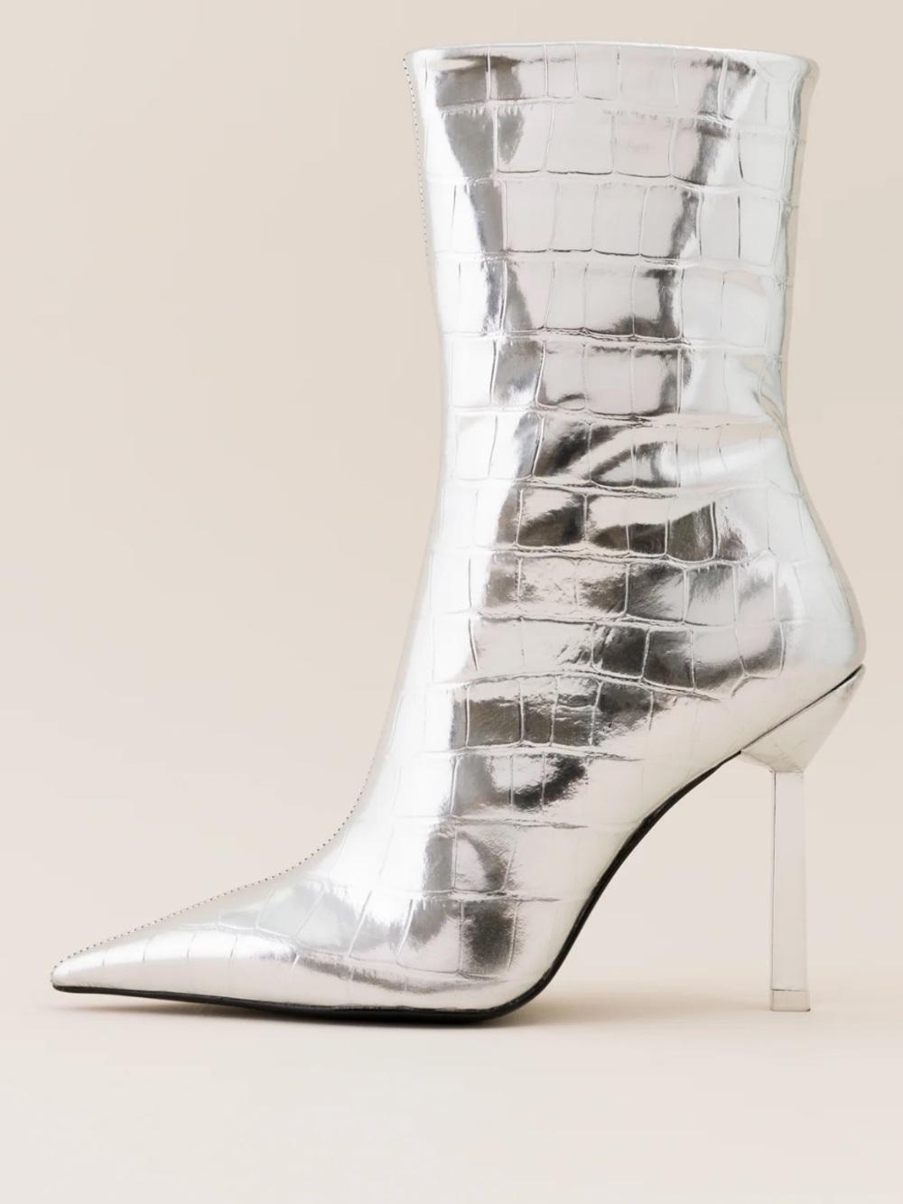 Croc-Embossed Metallic Pointed-Toe Stiletto Ankle Boots - Silver